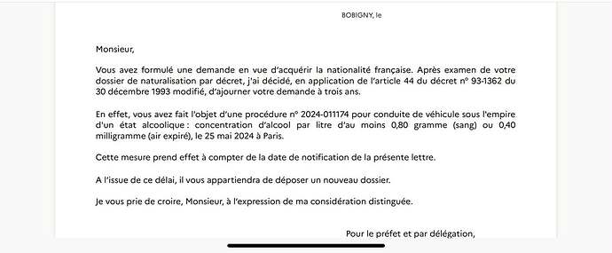 Ajournement Naturalisation pour 3 ans - Préfecture de Bobigny -