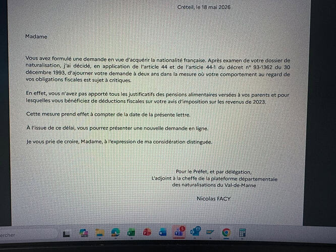 Naturalisation par décret ajournée à 2 ans - Préfecture du Val de Marne, CRETEIL -