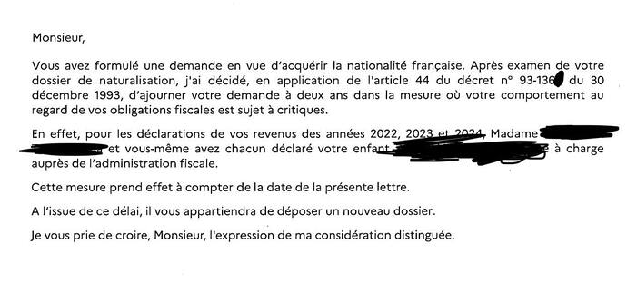 Ajournement naturalisation Française pour 2 ans. Déclaration fiscale et impôts.